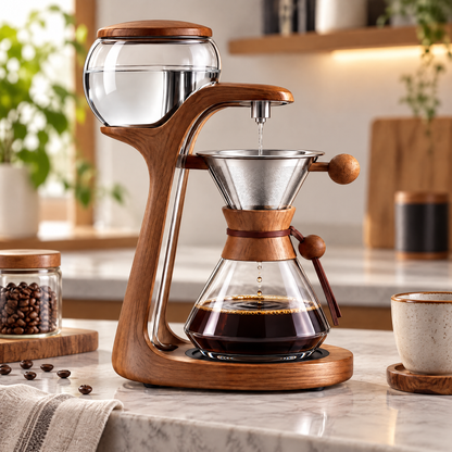 ☕ THYORIOM® Wooden Slow Drip Coffee Brewer – 600ml Glass Set