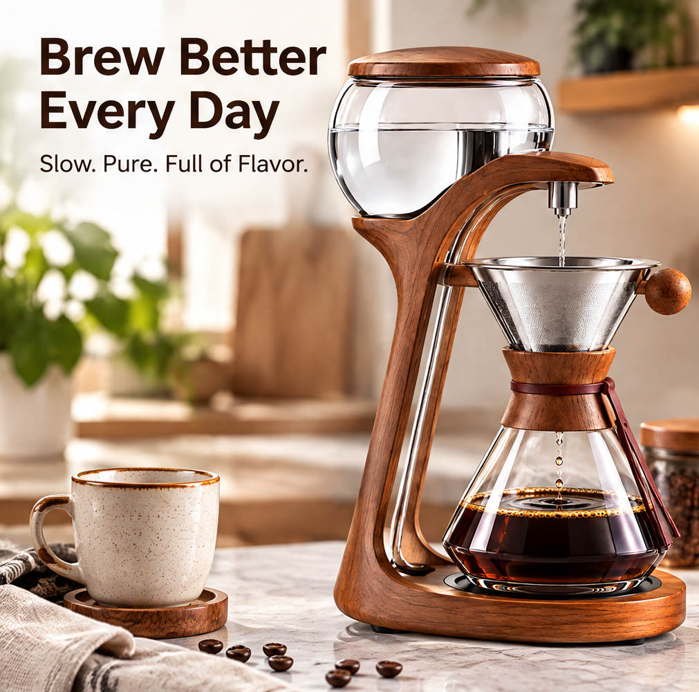 ☕ THYORIOM® Wooden Slow Drip Coffee Brewer – 600ml Glass Set
