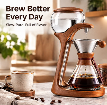 ☕ THYORIOM® Wooden Slow Drip Coffee Brewer – 600ml Glass Set