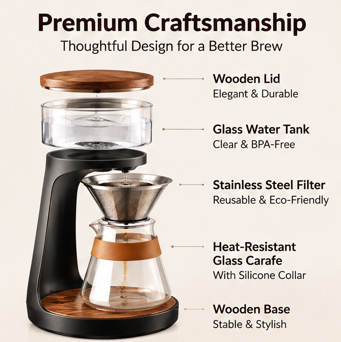 ♨️ THYORIOM® Glass & Wood Slow Drip Coffee Tower – 600ml