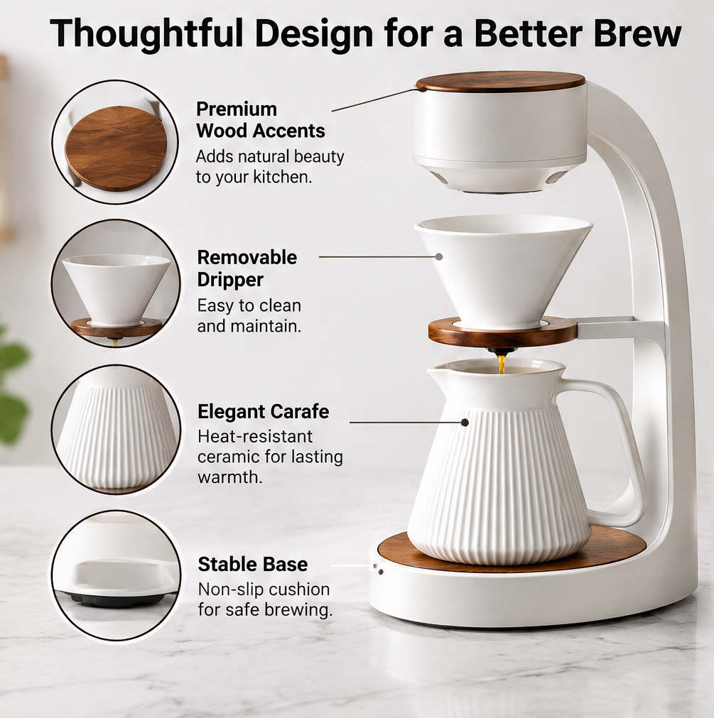 🏺 THYORIOM® Ceramic Pour-Over Coffee Maker with Wood Accents